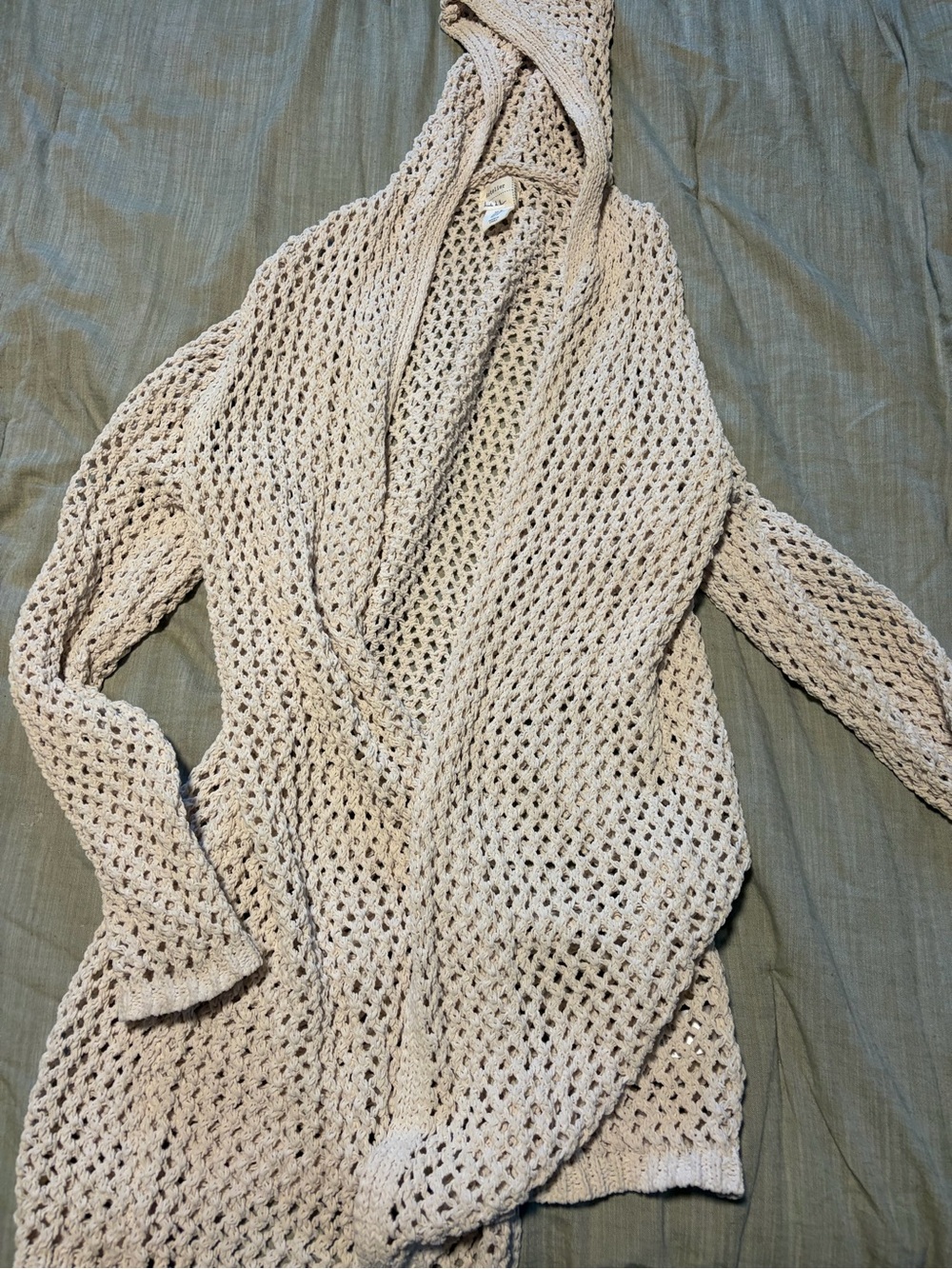 Nicole Miller Open-Weave Hooded Cardigan in Light Beige
